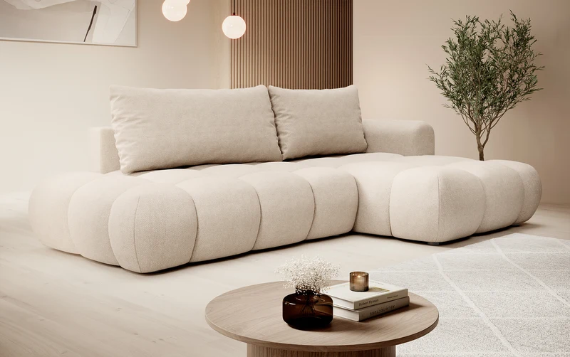 Ecksofa mit Schlaffunktion Ombo, beige, L-förmig, mit Stauraum, aus pflegeleichtem Flechtstoff, rechtsseitig