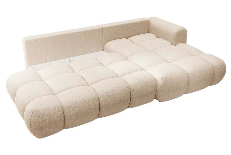 Ecksofa mit Schlaffunktion Ombo, beige, L-förmig, mit Stauraum, aus pflegeleichtem Flechtstoff, rechtsseitig