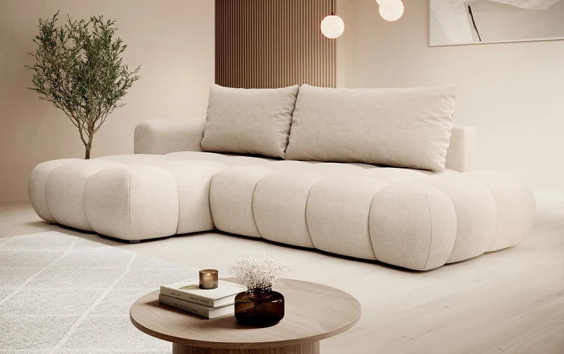 Ecksofa mit Schlaffunktion Ombo, beige, L-Form, mit Stauraum, aus leicht zu reinigendem Flechtstoff, linksseitig