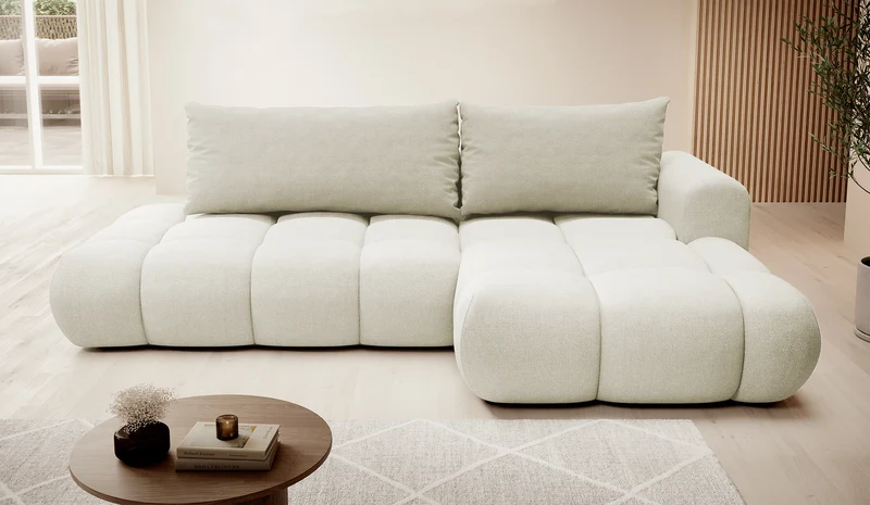 Ecksofa mit Schlaffunktion Ombo, cremefarben, L-förmig, mit Stauraum, in leicht zu reinigendem Flechtstoff, rechtsseitig