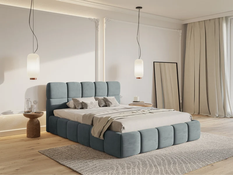 Gepolstertes Bett 160x200 cm Cloudy mit Stauraum, grauer Velours, wasserabweisend und pflegeleicht, Metallrahmen
