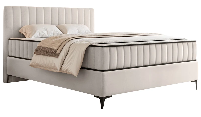 Kontinentales Bett 140x200 cm Mufasso mit Stauraum, hellbeiger Velours, wasserabweisend