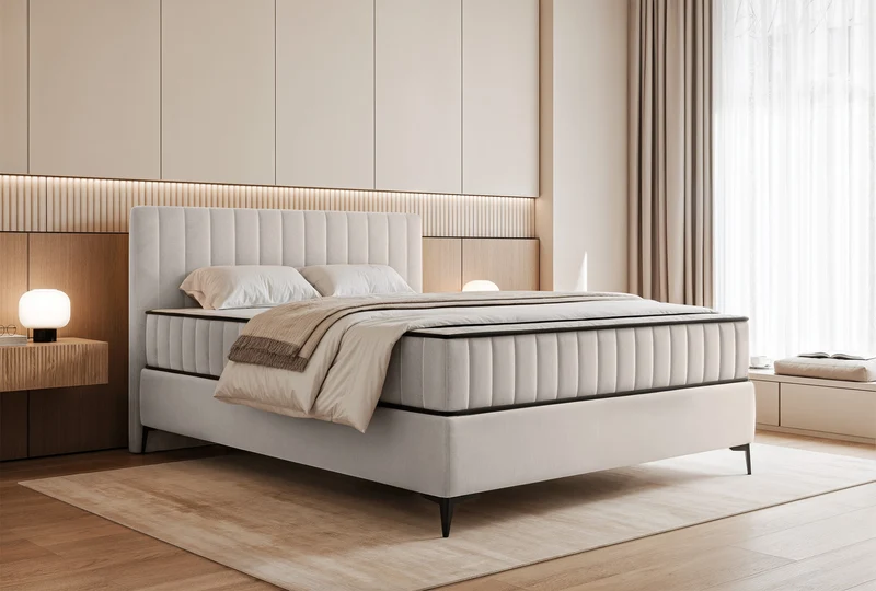 Kontinentales Bett 140x200 cm Mufasso mit Stauraum, hellbeiger Velours, wasserabweisend