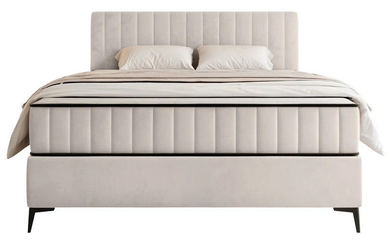 Kontinentales Bett 140x200 cm Mufasso mit Stauraum, hellbeiger Velours, wasserabweisend