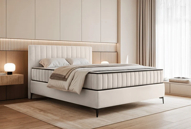 Kontinentales Bett 140x200 cm Mufasso mit Stauraum, cremefarbener Velours, wasserabweisend