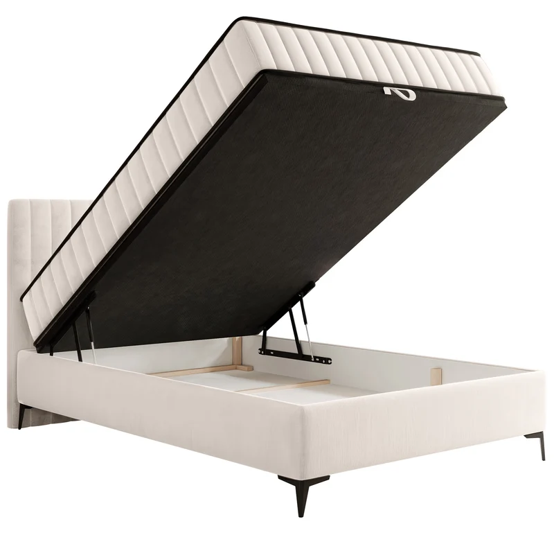 Kontinentales Bett 140x200 cm Mufasso mit Stauraum, cremefarbener Velours, wasserabweisend