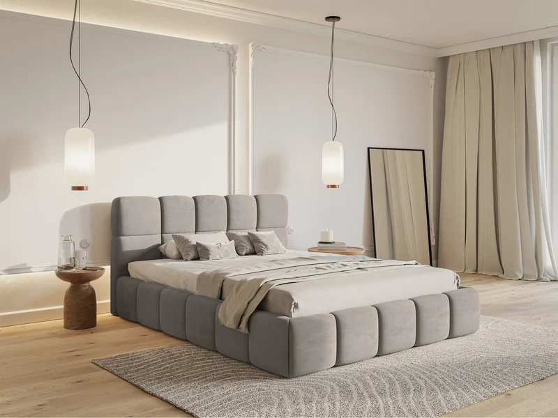 Gepolstertes Bett 160x200 cm Cloudy mit Aufbewahrungsbox, hellgrauer Velours, wasserabweisend, leicht zu reinigen, Metallrahmen