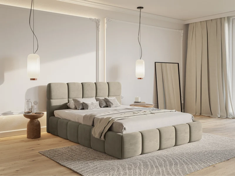 Gepolstertes Bett 160x200 cm Cloudy mit Stauraum, grau-beiger Velours, wasserabweisend, leicht zu reinigen, Metallrahmen