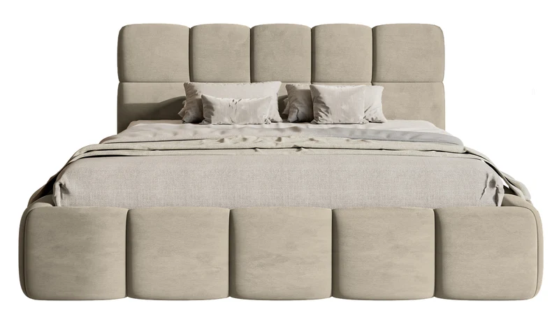 Gepolstertes Bett 160x200 cm Cloudy mit Stauraum, grau-beiger Velours, wasserabweisend, leicht zu reinigen, Metallrahmen