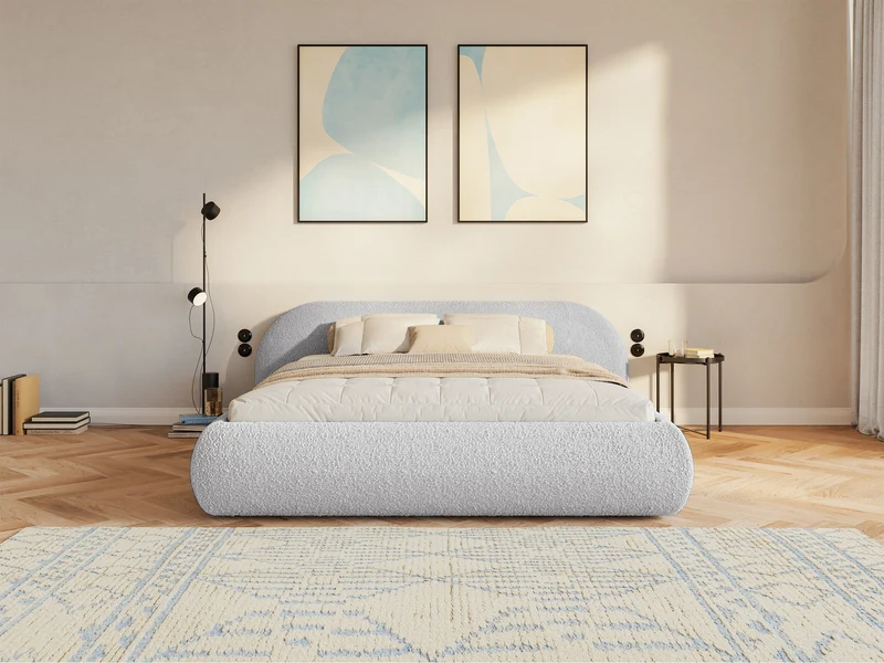 Polsterbett 180x200 cm Shels Low mit Stauraum, Metallrahmen, hellgrauer Bouclé-Stoff