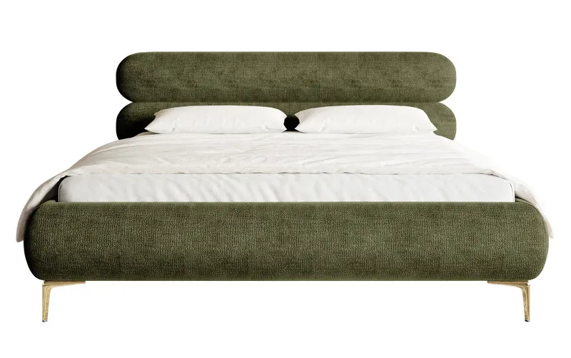 Polsterbett 180x200 cm Roule mit Stauraum, Metallrahmen, olivgrüner Chenille-Stoff, goldene Beine