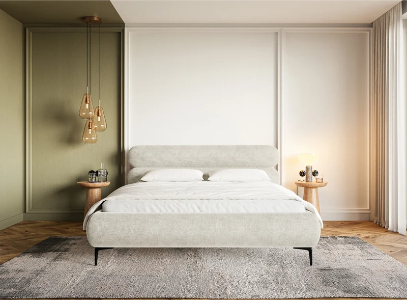 Polsterbett 160x200 cm Roule in grau-beigem Chenille mit schwarzen Füßen