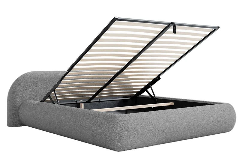 Gepolstertes Bett 140x200 cm Shels Low mit Stauraum, Metallrahmen, grauer Bouclé-Stoff