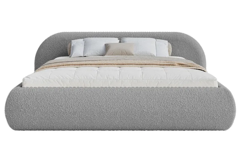 Gepolstertes Bett 140x200 cm Shels Low mit Stauraum, Metallrahmen, grauer Bouclé-Stoff