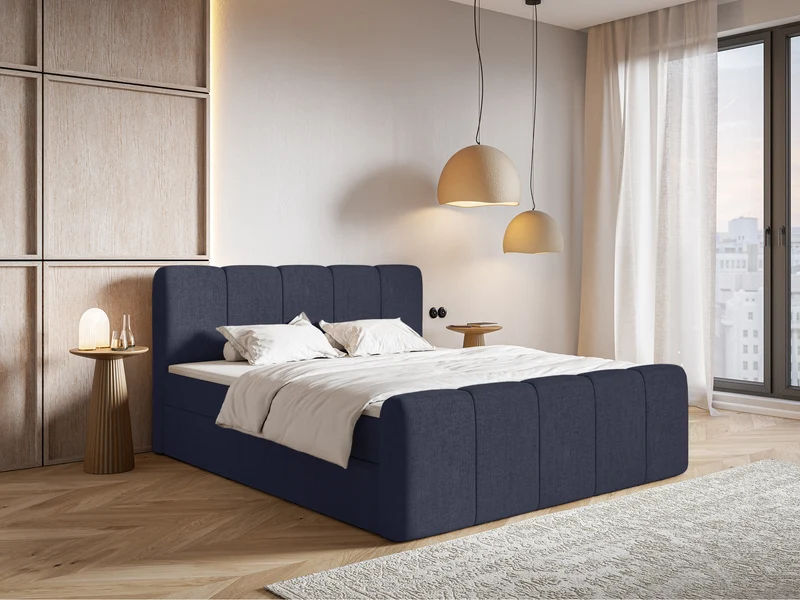 Kontinentales Bett 160x200 cm Cloudy II mit Stauraum und Topper, marineblauer hydrophober Chenillestoff
