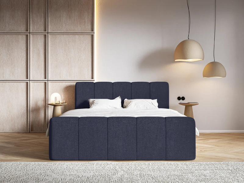 Kontinentales Bett 160x200 cm Cloudy II mit Stauraum und Topper, marineblauer hydrophober Chenillestoff