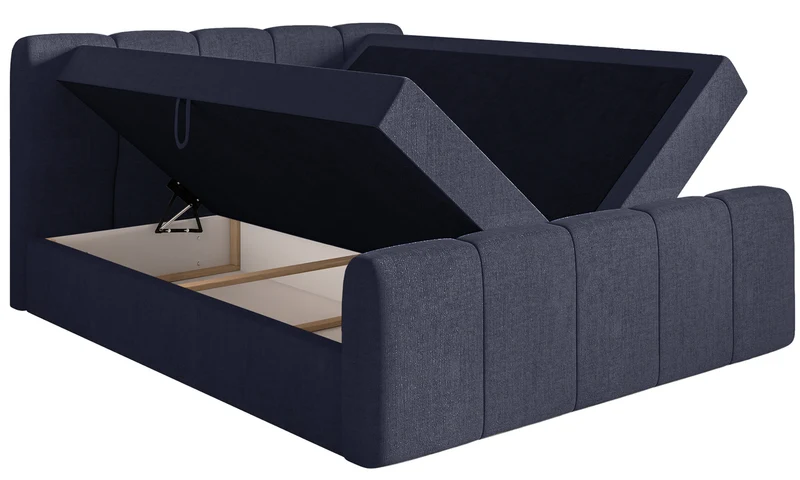 Kontinentales Bett 160x200 cm Cloudy II mit Stauraum und Topper, marineblauer hydrophober Chenillestoff