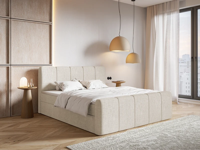 Kontinentalbett 140x200 cm Cloudy II mit Stauraum und Topper, hellbeige Chenille, hydrophob