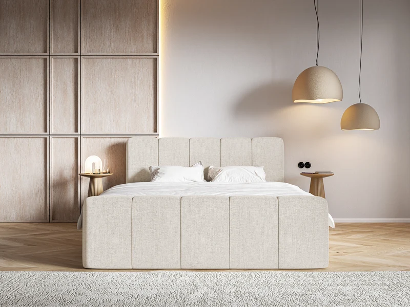 Kontinentalbett 140x200 cm Cloudy II mit Stauraum und Topper, hellbeige Chenille, hydrophob