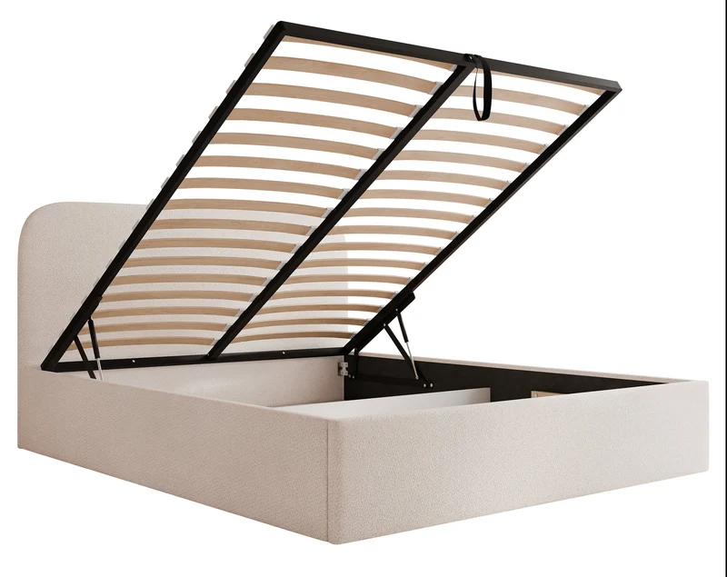 Polsterbett 160x200 cm Sonvivo mit Bettkasten, hellbeiger Chenille-Stoff, Metallrahmen