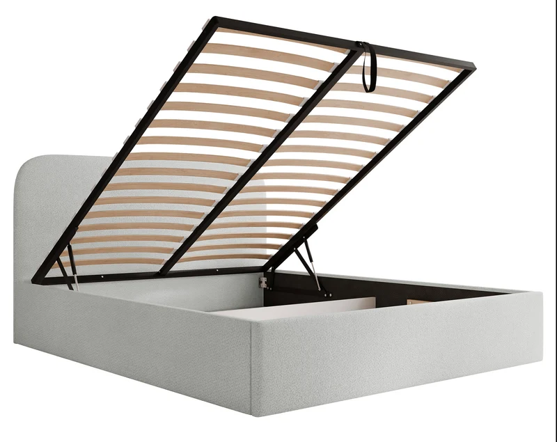 Polsterbett 180x200 cm Sonvivo mit Bettkasten, hellgrauer Chenille-Stoff, Metallrahmen