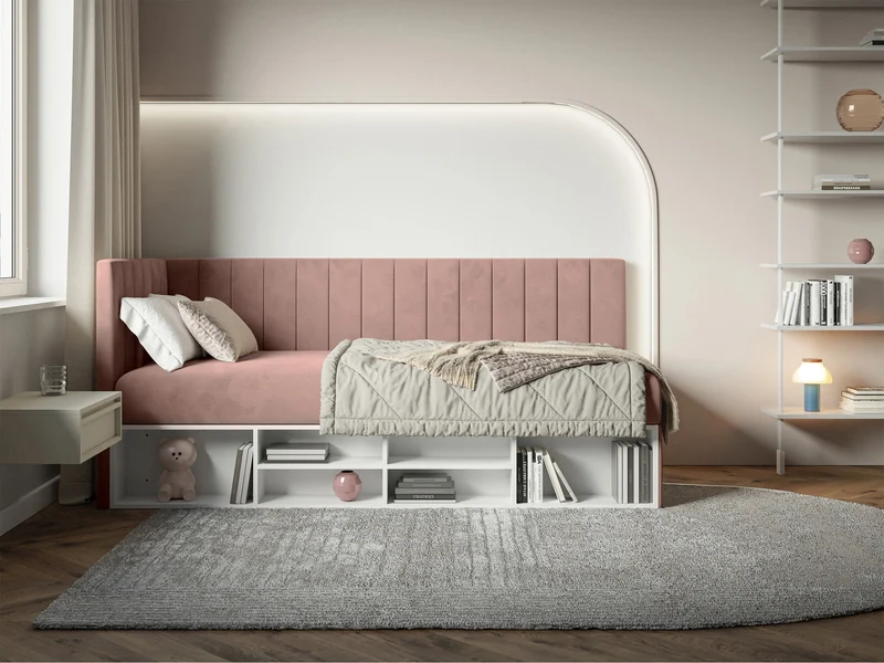 Jugendbett 90x200 cm Ventrio linksseitig mit Stauraum und Regalen, hellrosa Velours, wasserabweisend und leicht zu reinigen