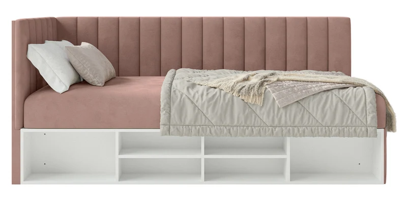 Jugendbett 90x200 cm Ventrio linksseitig mit Stauraum und Regalen, hellrosa Velours, wasserabweisend und leicht zu reinigen