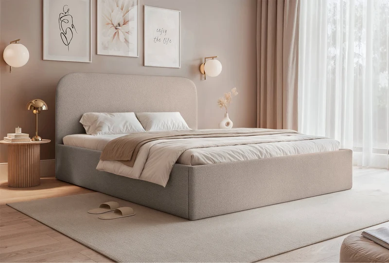 Polsterbett 140x200 cm Sonvivo mit Bettkasten, beige Chenille, Metallrahmen
