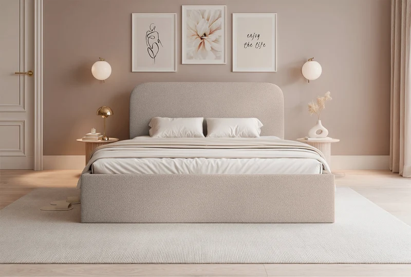 Polsterbett 140x200 cm Sonvivo mit Bettkasten, beige Chenille, Metallrahmen
