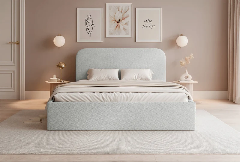 Gepolstertes Bett 160x200 cm Sonvivo mit Bettkasten, hellgrauer Chenille-Bezug, Metallrahmen