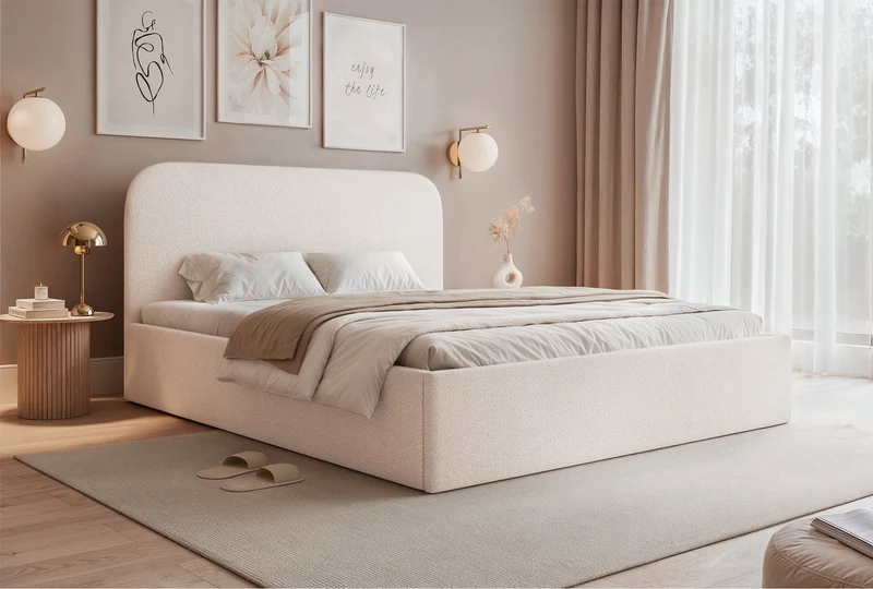 Gepolstertes Bett 160x200 cm Sonvivo mit Bettkasten, cremefarben, Chenille, Metallrahmen