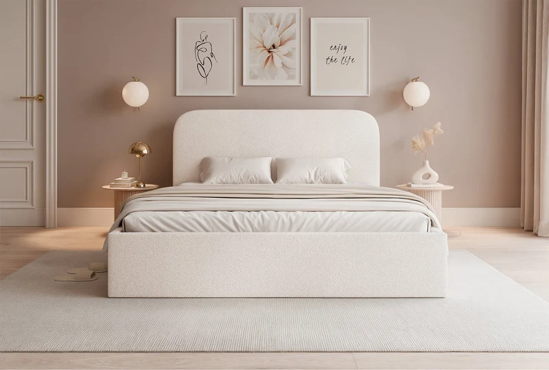 Gepolstertes Bett 160x200 cm Sonvivo mit Bettkasten, cremefarben, Chenille, Metallrahmen