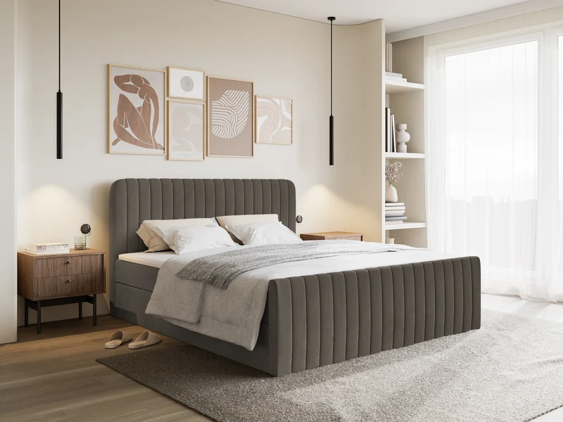 Kontinentales Bett 200x200 cm Saliano mit Stauraum und Topper, brauner Samt