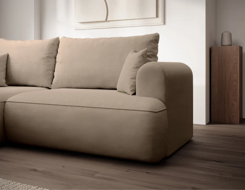 Ecksofa mit Schlaffunktion Ovo mini, L-förmig, linksseitig, mit Stauraum, beige Chenille, pflegeleicht