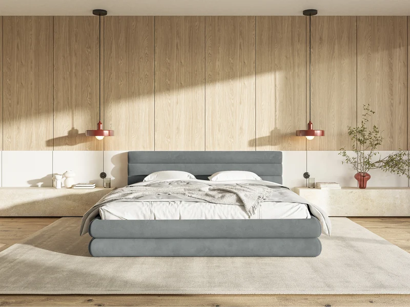 Polsterbett 140x200 cm Alegre mit Bettkasten, grau, wasserabweisender, pflegeleichter Samt, Metallrahmen