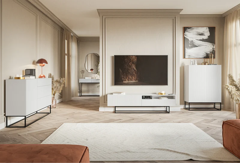 TV-Schrank Veldio mit gefräster Front und Nische, 175 cm, Weiß mit schwarzen Beinen