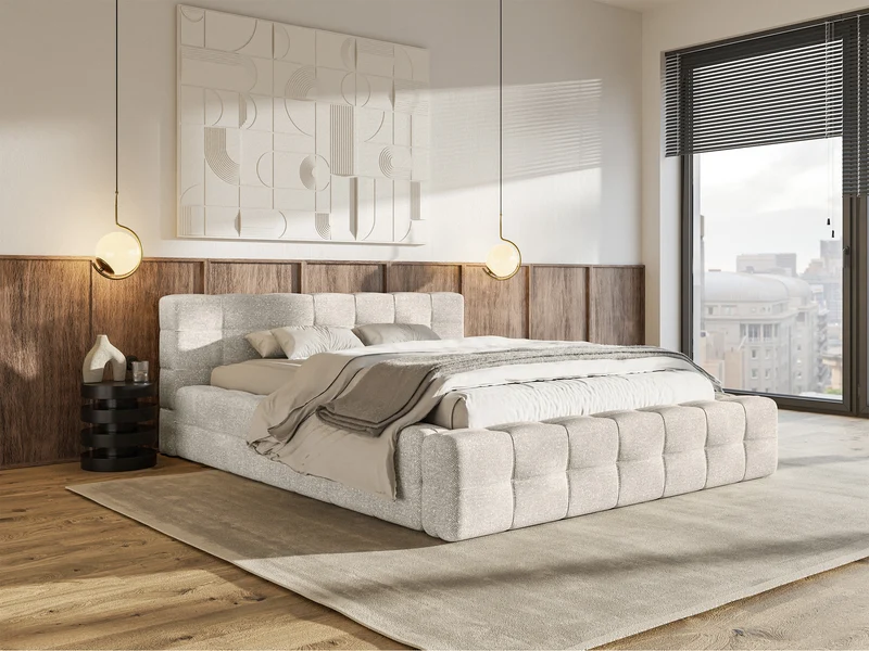 Polsterbett Puffly 180x200 cm mit Stauraum, Metallrahmen, cremefarbener Chenillestoff