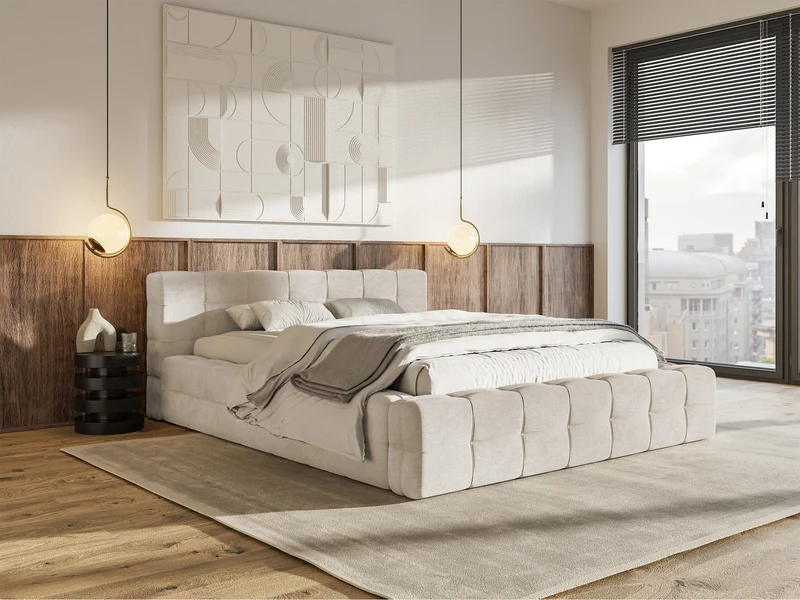 Gepolstertes Bett Puffly 140x200 cm mit Stauraum, Metallrahmen, grau-beiger Samt
