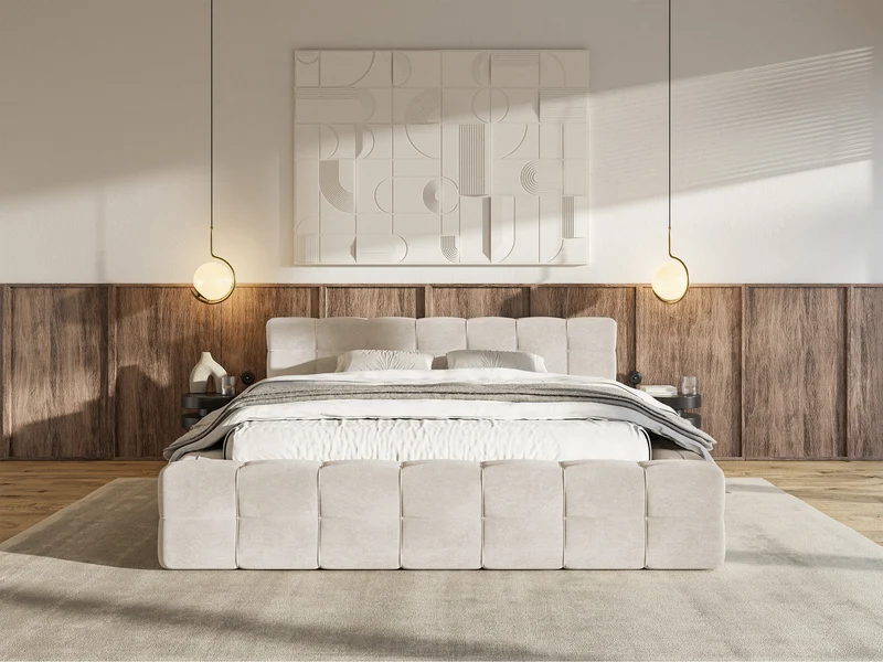 Gepolstertes Bett Puffly 140x200 cm mit Stauraum, Metallrahmen, grau-beiger Samt