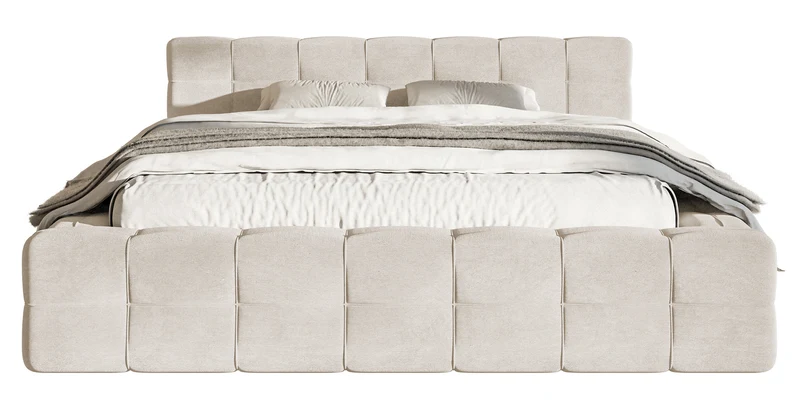 Gepolstertes Bett Puffly 140x200 cm mit Stauraum, Metallrahmen, grau-beiger Samt