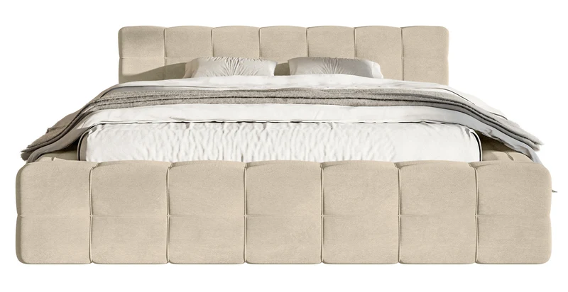Gepolstertes Bett Puffly 160x200 cm mit Stauraum, Metallrahmen, beiger Samt