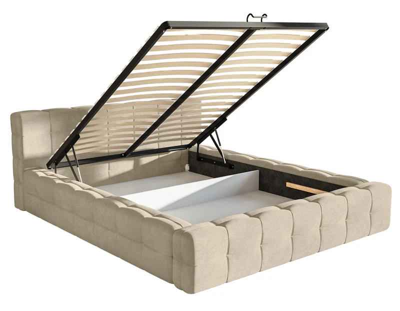 Gepolstertes Bett Puffly 160x200 cm mit Stauraum, Metallrahmen, beiger Samt