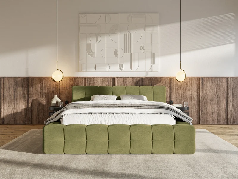Polsterbett Puffly 160x200 cm mit Stauraum, Metallrahmen, olivgrüner Samt