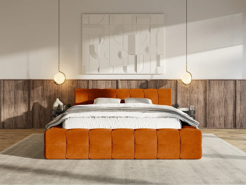 Gepolstertes Bett Puffly 160x200 cm mit Stauraum, Metallrahmen, kupferfarbener Samt