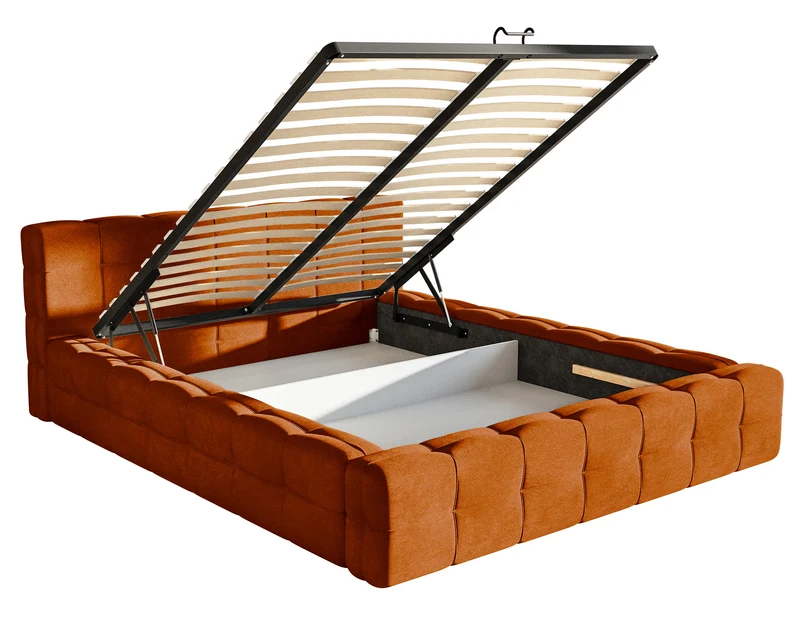 Gepolstertes Bett Puffly 160x200 cm mit Stauraum, Metallrahmen, kupferfarbener Samt