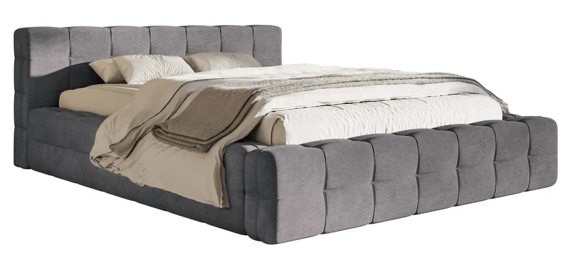 Gepolstertes Bett Puffly 180x200 cm mit Stauraum, Metallrahmen, grauer Samt