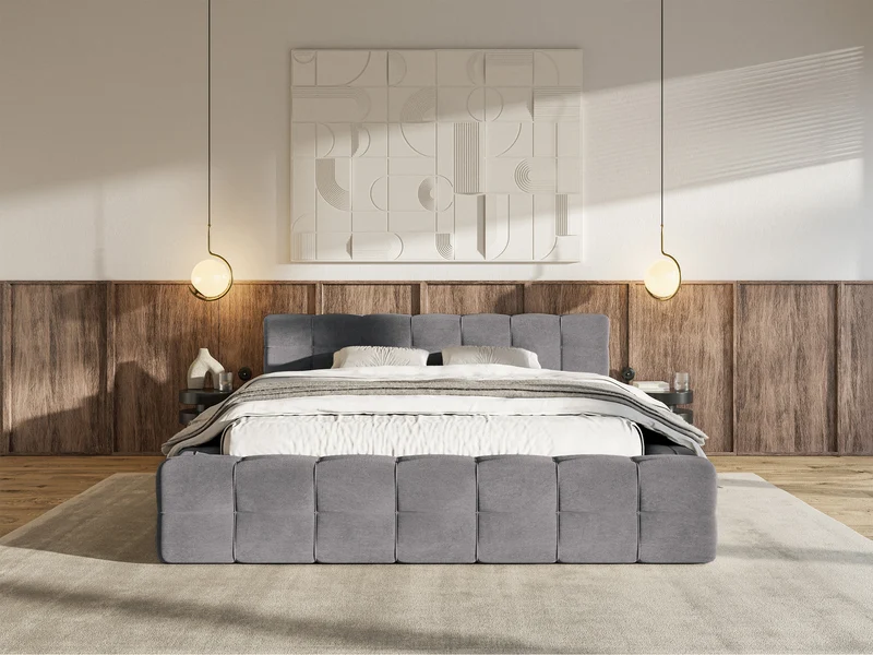 Gepolstertes Bett Puffly 180x200 cm mit Stauraum, Metallrahmen, grauer Samt