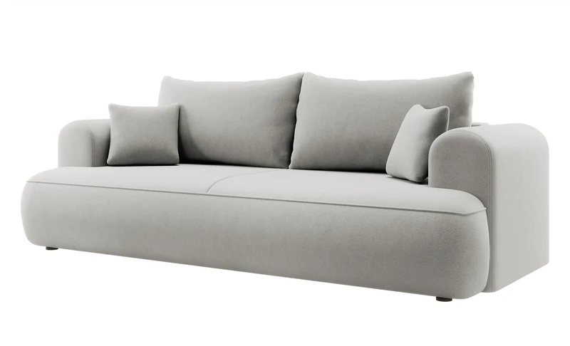 Dreisitziges ausklappbares Sofa Ovo mit Stauraum, grauer Samt aus leicht zu reinigendem Stoff