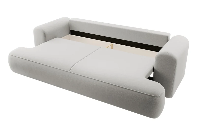 Dreisitziges ausklappbares Sofa Ovo mit Stauraum, grauer Samt aus leicht zu reinigendem Stoff