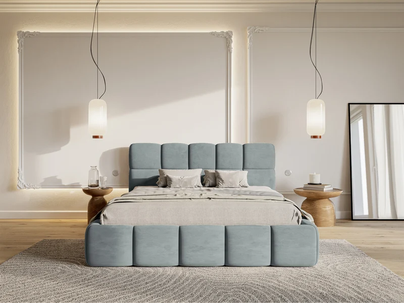 Gepolstertes Bett 140x200 cm Cloudy mit Stauraum, grauer wasserabweisender und leicht zu reinigender Samt, Metallrahmen